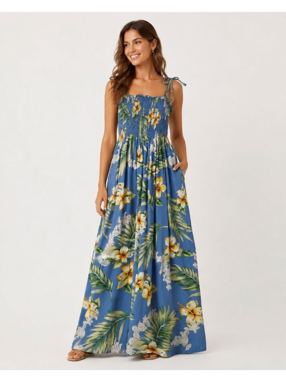 Two Palms Floral Sun Dress W/Smocked Bodice & Adjustable Straps  Blue/Yellow OS